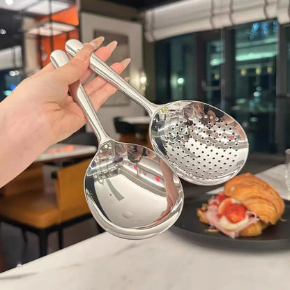 Large Stainless Steel Round Spoon — Big Head Rice Serving Spoon with Drain Holes, Heat-Resistant Kitchen Utensil