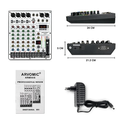 ARVOMIC 6 Channel DJ Audio Mixer – USB Interface, Bluetooth, 16 DSP Effects, 3-Band EQ (ARMX-6)