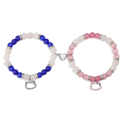 Spider Cat Charm Beaded Bracelet Set – Multi Color Cat Eye & Heart Bracelets for Best Friends with Red, Blue Beads & Fireball Spacer