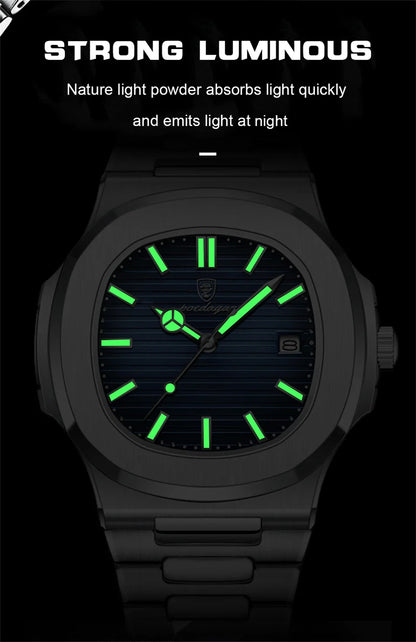 POEDAGAR Luxury Men's Watch – 30ATM Waterproof, Stainless Steel Square Quartz, Luminous Date, Business reloj hombre