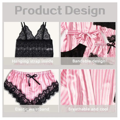 Stylish Women's Summer Lace Satin Sleepwear Set - Comfortable Pajama Pants and Silk Robe for a Sexy and Cozy Night