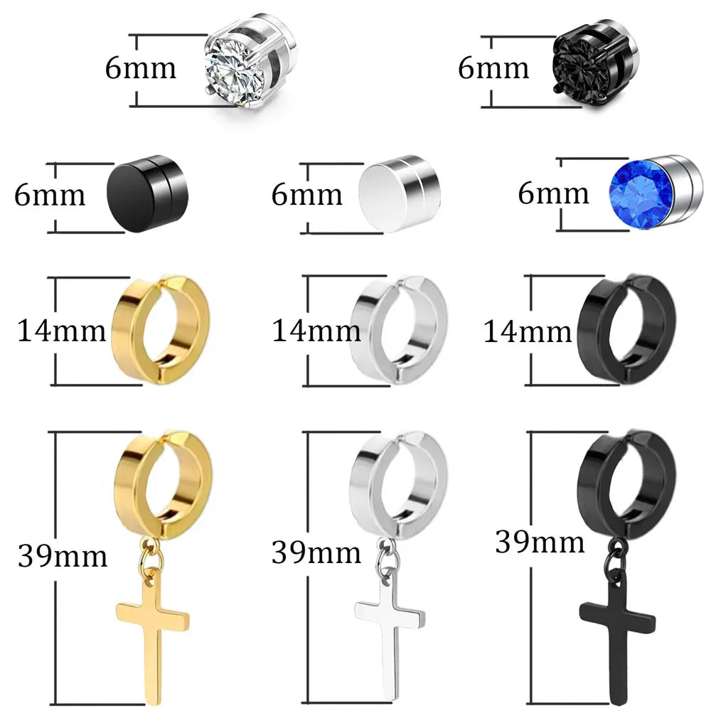 Magnetic Cubic Zirconia Clip-On Earrings Set – Non-Pierced Fake Stud, Cross Dangle & Hoop Styles for Men & Women