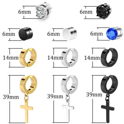 Magnetic Cubic Zirconia Clip-On Earrings Set – Non-Pierced Fake Stud, Cross Dangle & Hoop Styles for Men & Women