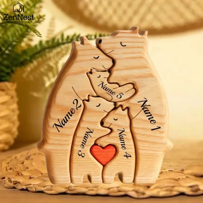 Personalized Wooden Bear Family Puzzle – Custom Name Home Decor, Thanksgiving & Christmas Gift for Mom & Baby