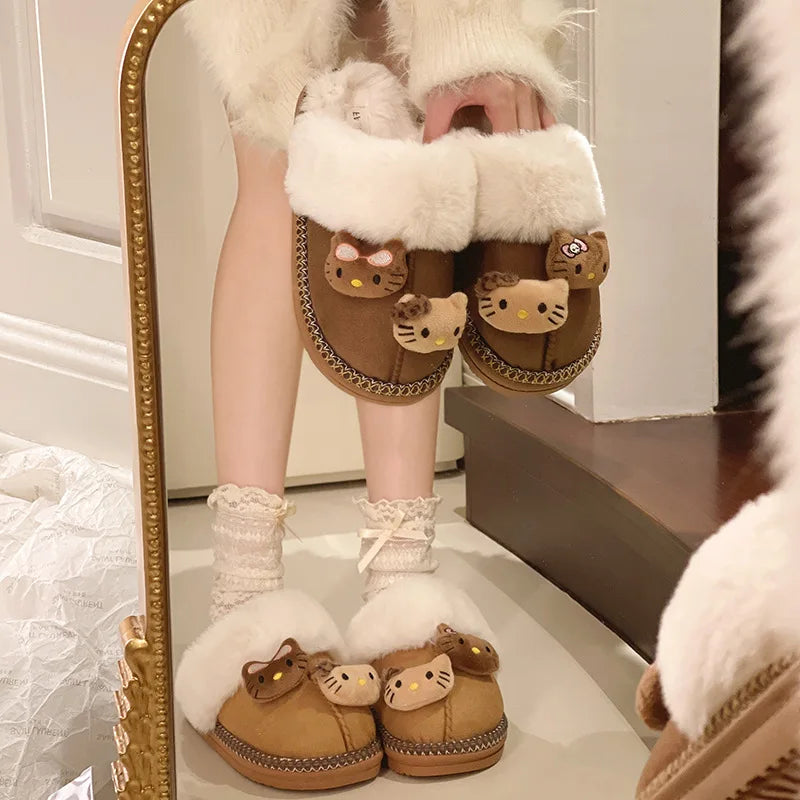Sanrio Hello Kitty Winter Plush Slippers – Cute Fuzzy Warm Kawaii Women’s Home Shoes, Y2K Style, Non-Slip Outdoor Flats