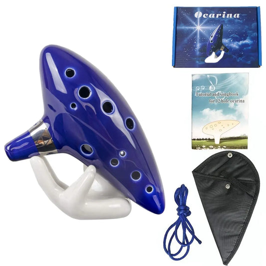 12 Tone Alto C Ocarina – Ceramic Musical Instrument with Songbook, Neck Cord & Carry Bag, Blue