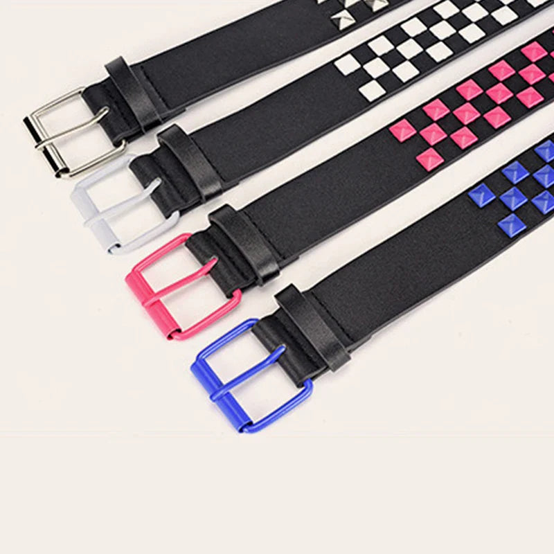Personalized Rivets Checkerboard PU Leather Belt – 107CM Universal Hip-Hop Punk Fashion Belt for Men & Women