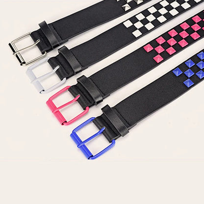 Personalized Rivets Checkerboard PU Leather Belt – 107CM Universal Hip-Hop Punk Fashion Belt for Men & Women