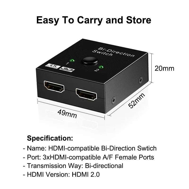 HDMI-Compatible Bi-Directional Switch 2.0 Splitter – 1x2/2x1 Adapter, 4K Converter for PS4 Pro/4/3 & TV Box