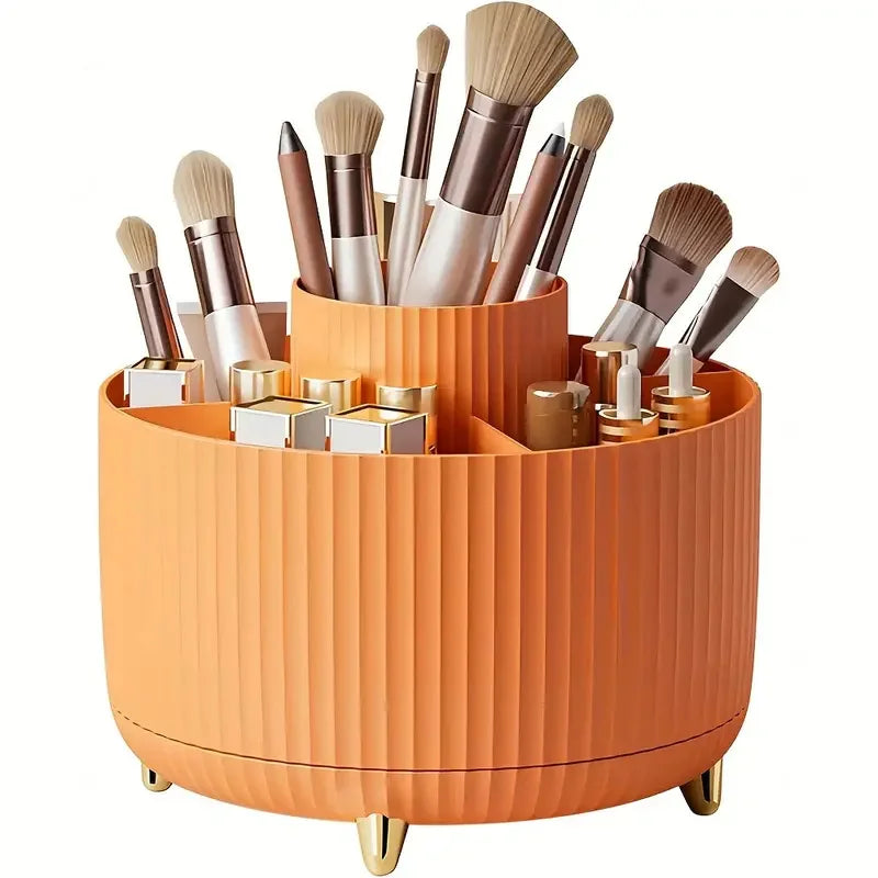 360° Rotating Makeup Organizer - 5 Compartment Plastic Cosmetic Holder for Brushes & Beauty Storage