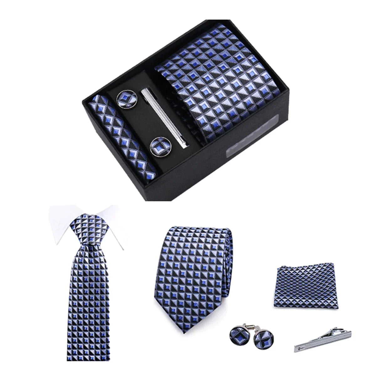 Men’s Green Tie Gift Box Set - Premium Business Necktie with Hanky, Cufflinks & Tie Clip for Wedding Formal Wear