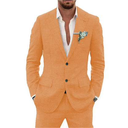Men's Linen Suit Set - Slim Fit Notched Lapel 2 Piece Wedding & Beach Tuxedo Outfit For Summer Casual Formal Wear
