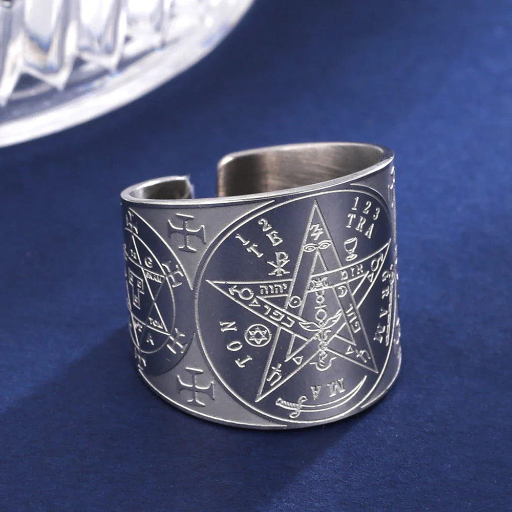Witchcraft Pentagram Tetragrammaton Ring - Stainless Steel Pentacle Protection Amulet Ring for Men