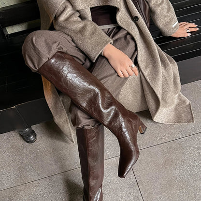 Women’s Genuine Leather Knee-High Boots – 5.5cm Thin Heel, Square Toe Slip-On Autumn Long Boots