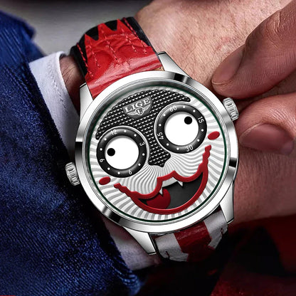 LIGE 2025 Men’s Creative Clown Quartz Watch – Waterproof Leather Strap Joker Fashion Wristwatch