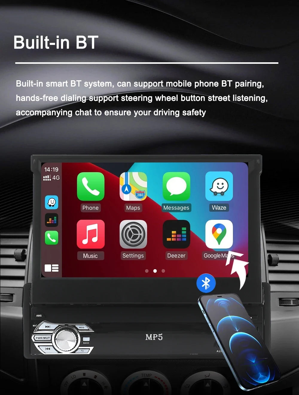 Universal 1-DIN 7" Car Stereo - Retractable Touchscreen MP5 Player with CarPlay, Android Auto, FM Radio & Mirror Link