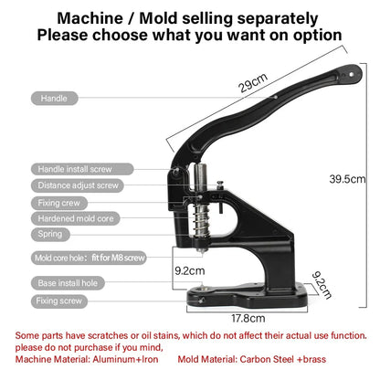 WUTA Manual Button Installation Tool – Mute Punching for Mushroom Rivets & Eyelets, DIY Hand Pressing Tool (With/Without Machine)