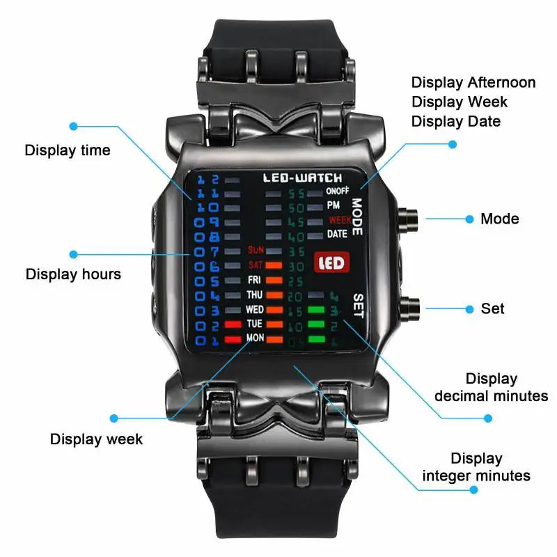 Men’s LED Crab-Style Watch — Creative Luminous Binary Electronic Waterproof Multi-Function Wristwatch