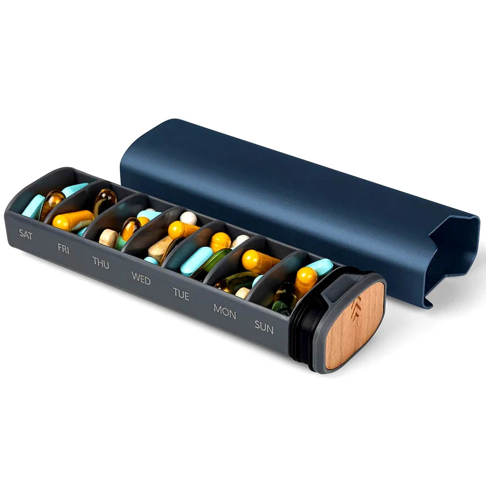 7-Day Weekly Pill Organizer – Large Capacity Aluminum & Wood Pill Box for Vitamins & Medicine