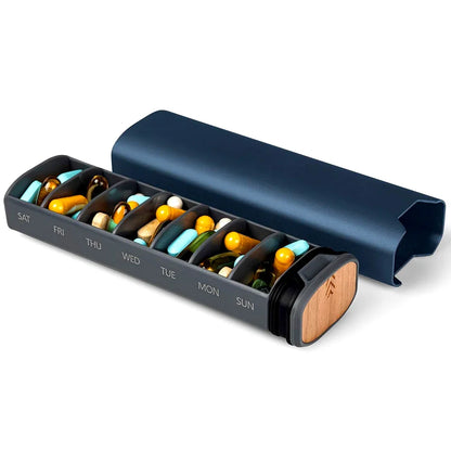 7-Day Weekly Pill Organizer – Large Capacity Aluminum & Wood Pill Box for Vitamins & Medicine