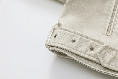 RARF 2024 Women's Washed Leather Jacket – Coal Gray Short Coat with Belt, Vintage Lapel & Zipper