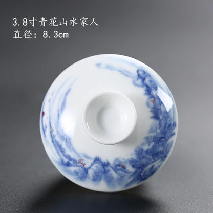 Ceramic Sancai Tea Bowl with Lid – Blue & White Porcelain Cover for Kungfu Tea Set Household Accessories