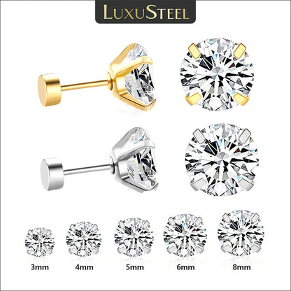 LUXUSTEEL Stainless Steel Crystal Stud Earrings –  4-Prong Cubic Zirconia Round Tragus Earrings for Women & Men