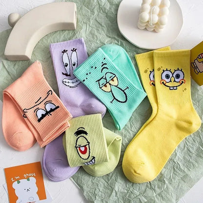 5-Pair SpongeBob Anime Cotton Socks — Breathable Long Tube Mid-Calf Socks for Boys & Girls, Comfortable Student Gift