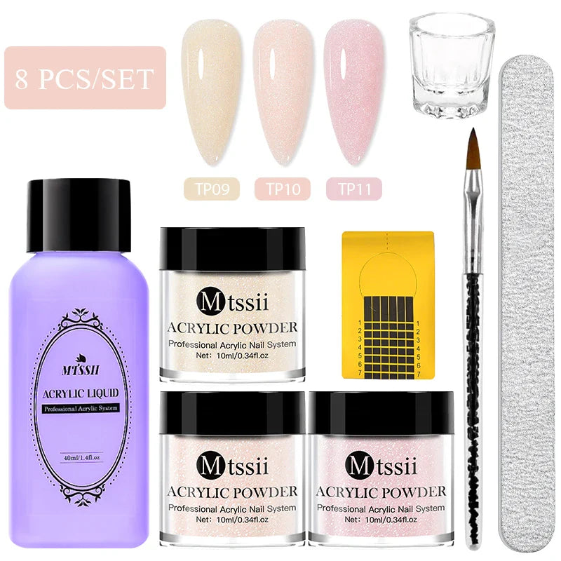 Nail Crystal Powder Kit – Acrylic Liquid Set with Pink & White Powder, Nail Brush for Extension & Carving, Beginner Set