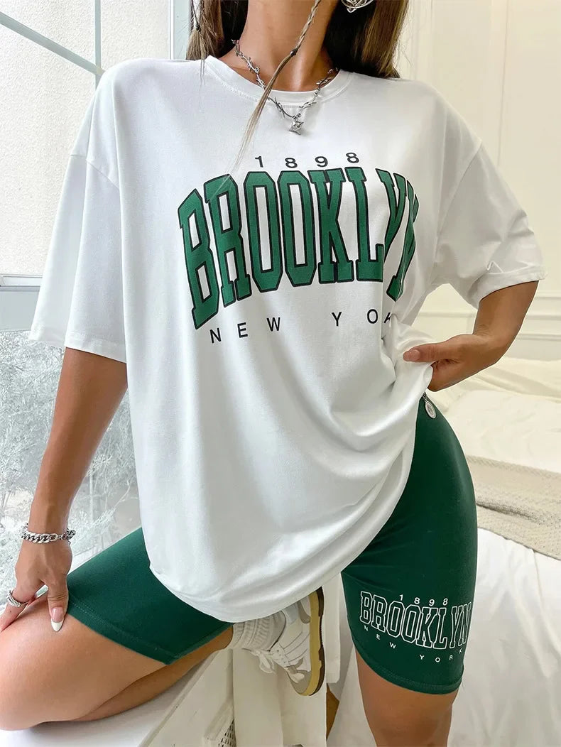 Comfy & Stylish: Women's Casual Loose T-Shirt and Tight Shorts Pajama Set - Slim Outside Homewear, Comfortable and Breathable