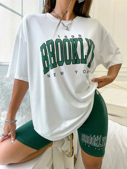 Comfy & Stylish: Women's Casual Loose T-Shirt and Tight Shorts Pajama Set - Slim Outside Homewear, Comfortable and Breathable