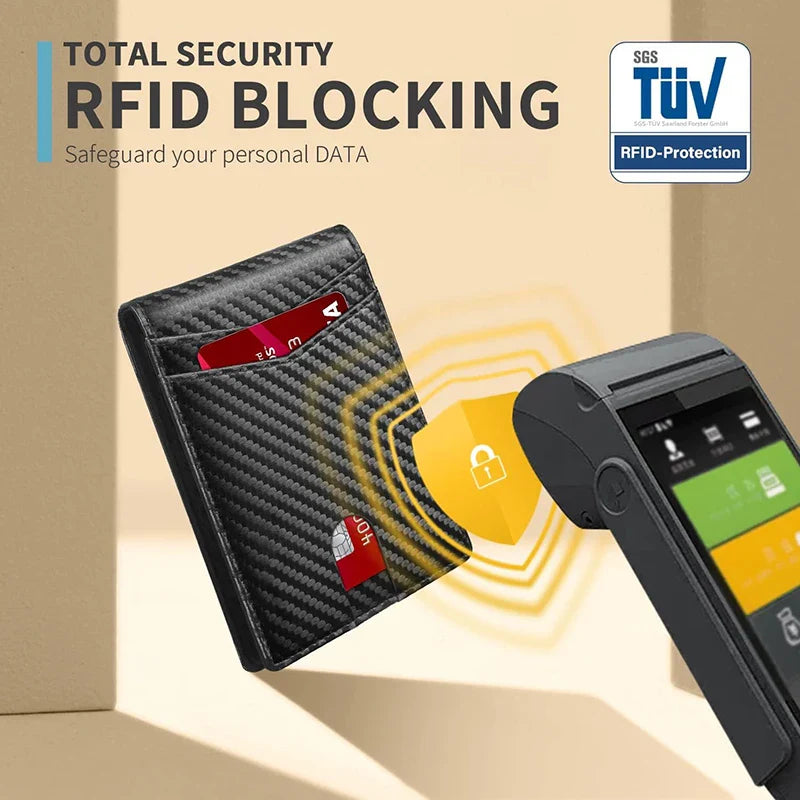 Men's Ultra-Thin RFID Leather Wallet – Carbon Fiber Design with ID Window & Multi Card Slots