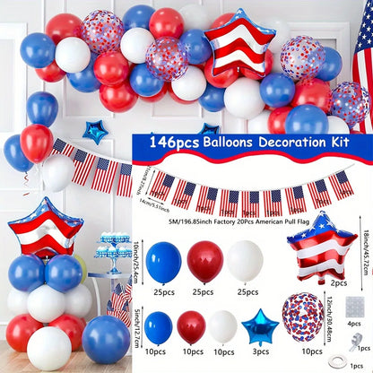 146PCS Independence Day Balloon Arch Set – Red, White & Blue American Flag Party Decoration for Patriotic Holiday Celebrations