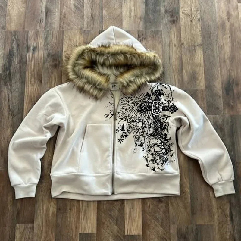 Y2K Unisex Graphic Hoodie Jacket - Thick Warm Zip-Up Streetwear for Fall and Winter