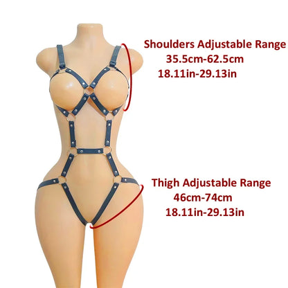 Women Black PU Leather Punk Lace-Up Bodysuit – Adjustable One-Piece Tight-Fit Fashion Harness Accessory