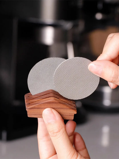 58mm Walnut Coffee Filter Screen Holder – Reusable Mesh Puck Screen for Espresso Machine Barista Use