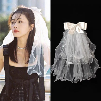 White Tulle Bow Veil Hairpin with Pearls – Elegant Bridal & Bachelorette Hair Clip for Weddings, Parties, and Gifts