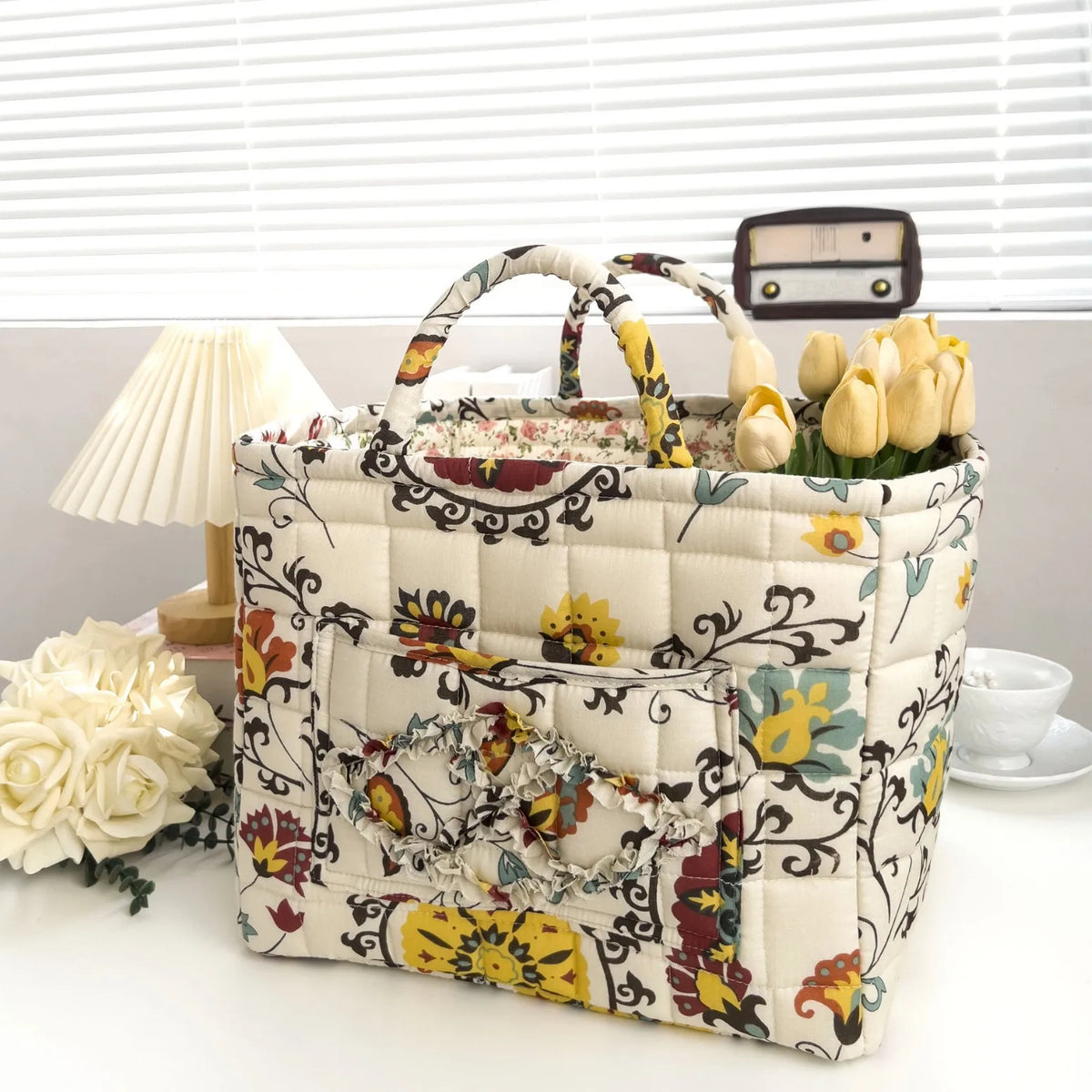 Floral Fabric Storage Bins with Handles – Foldable Desktop Organizer Basket for Clothes, Underwear & Home Decor Multi-Compartment Storage