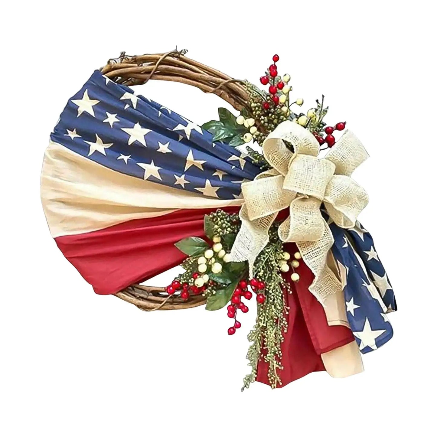 Patriotic American Flag Wreath for Front Door – Independence Day Hanging Decoration for Indoor & Outdoor Window Use, Artificial Red White Blue Wreath