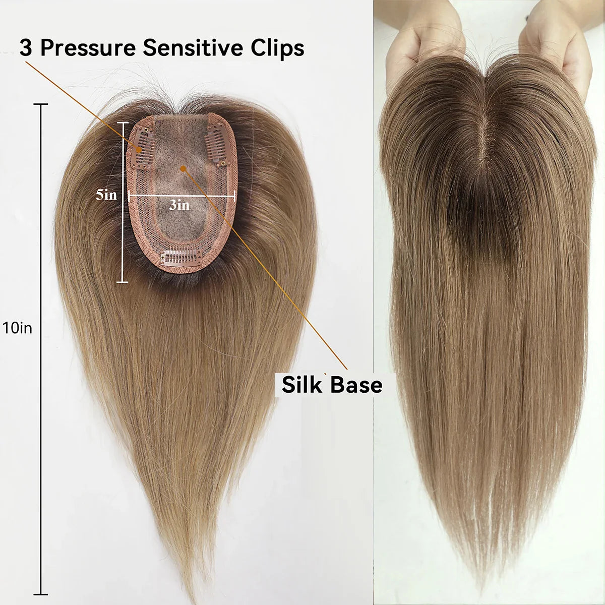 Brown Blonde Ombre Human Hair Toppers for Women – 10/12/14 Inches with Silk Base, Clips, and Bangs