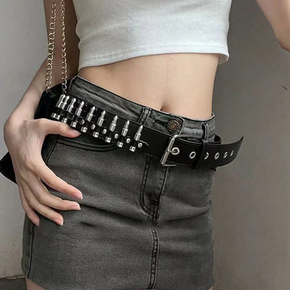Punk Girl Bullet Rivet Belt — Goth-Inspired Leather Waistband, Fashionable Statement Accessory