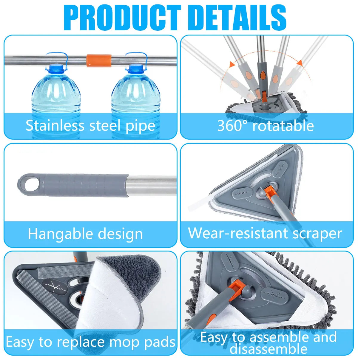 360° Rotating Triangle Wall Mop | Long Handle Adjustable Microfiber Mop for Dry & Wet Cleaning | Floor & Wall Dust Cleaner