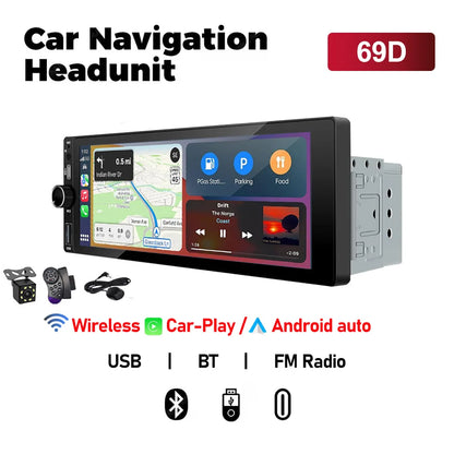XIMA 6.9-Inch 1Din Car Stereo with Wireless CarPlay - Android Auto, Bluetooth, MP5, FM, USB & IPS Touchscreen