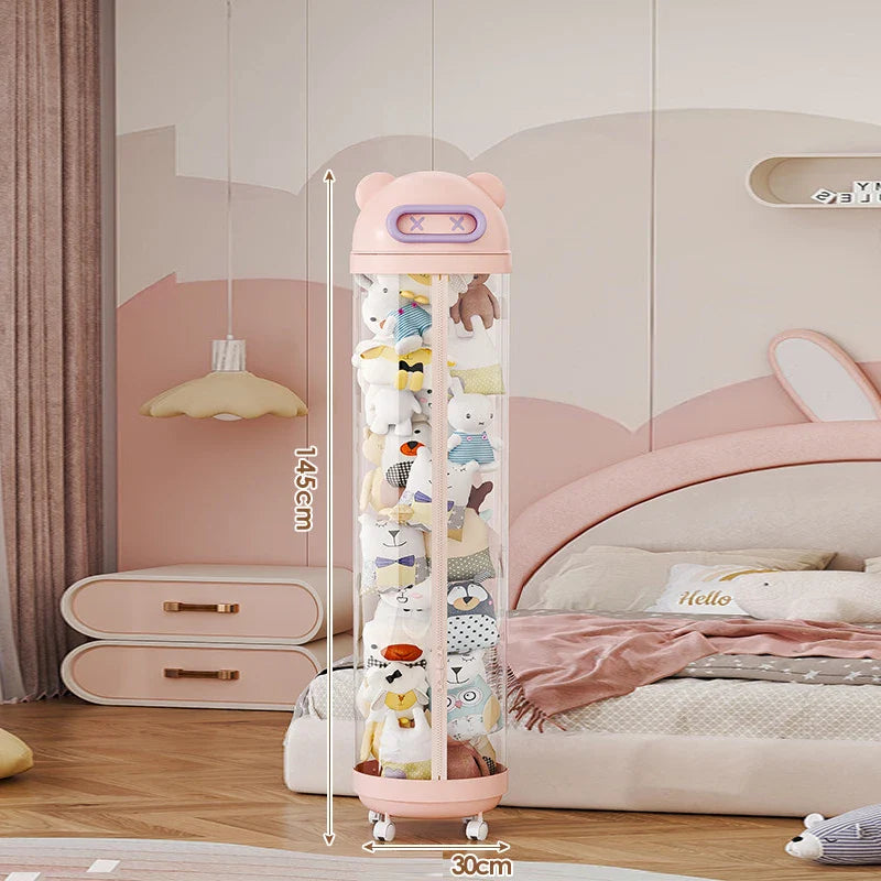 Large Capacity Transparent Toy Storage Bucket with Wheels – Children’s Plush & Stuffed Toy Organizer Barrel