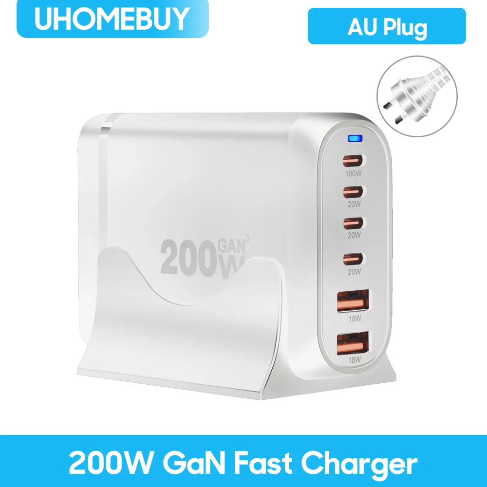 UHOMEBUY 200W GaN Desktop Charger - 6-Port USB Type C with 100W PD & Quick Charge 3.0 Fast Mobile Charger