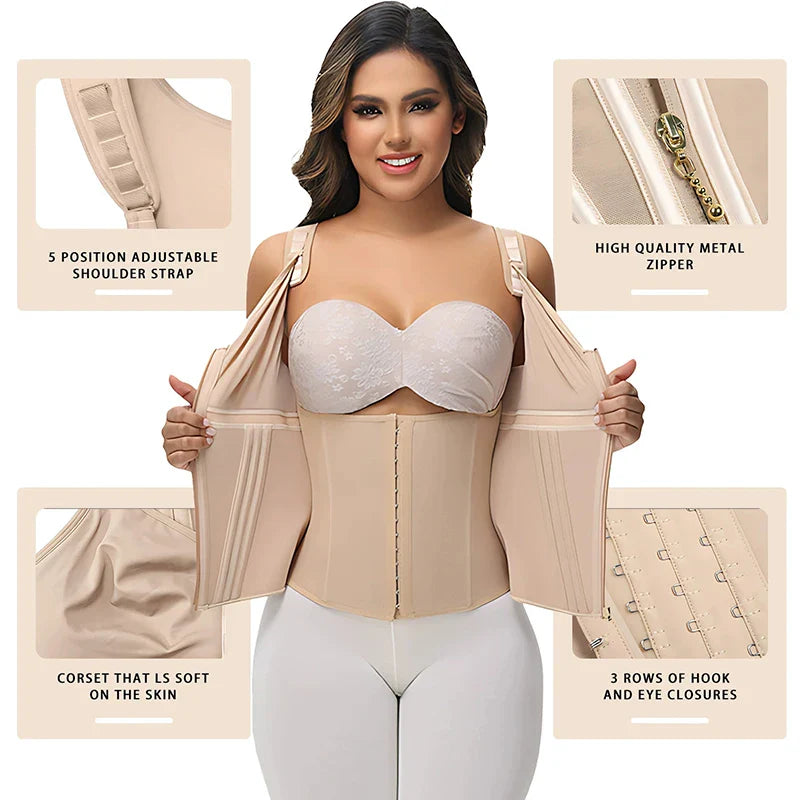 Double Compression Waist Trainer Corset – 17 Steel Bone Body Shaper Vest Bra, Flat Belly Slimming Fajas Colombianas
