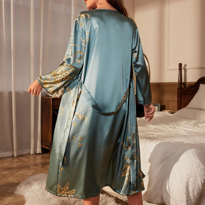 Cherry Print Satin Robe - Belted Elegant Women’s Loungewear Sleepwear with Breathable Four Seasons Comfort