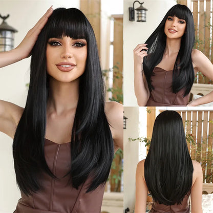 ALAN EATON Blonde Layered Synthetic Wig with Bangs – Long Straight Heat-Resistant Wig for Women & Girls, Natural Daily Hair