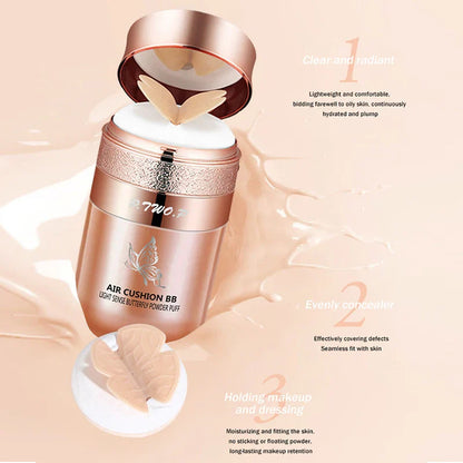 Air Cushion BB Cream with Butterfly Powder Puff – Moisturizing Foundation, Concealer & Whitening Oil-Control Waterproof Makeup