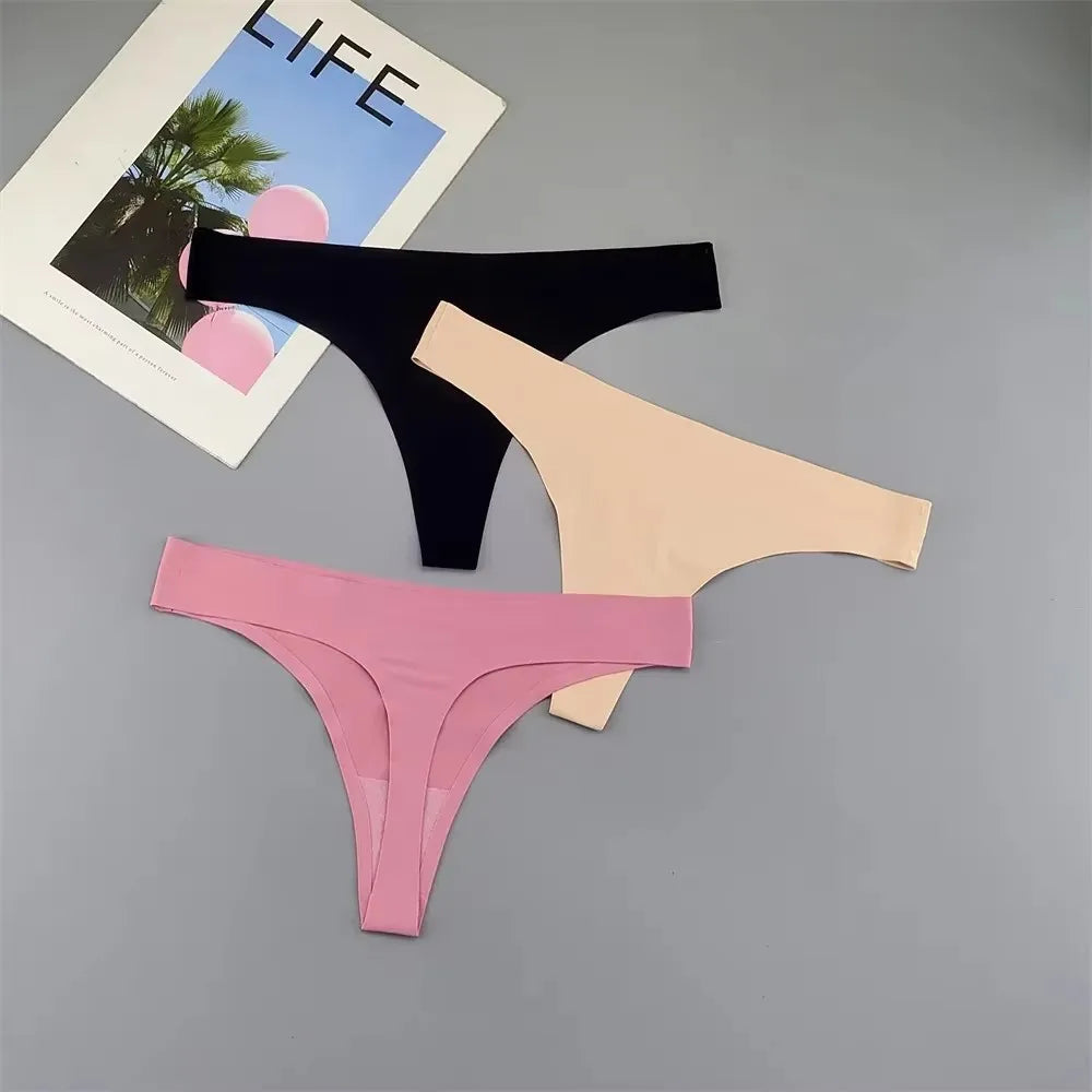 3PCS Ice Silk Seamless Thong Set for Women – Solid Low Rise Sexy G-String Sports Underwear, S-XL Sizes